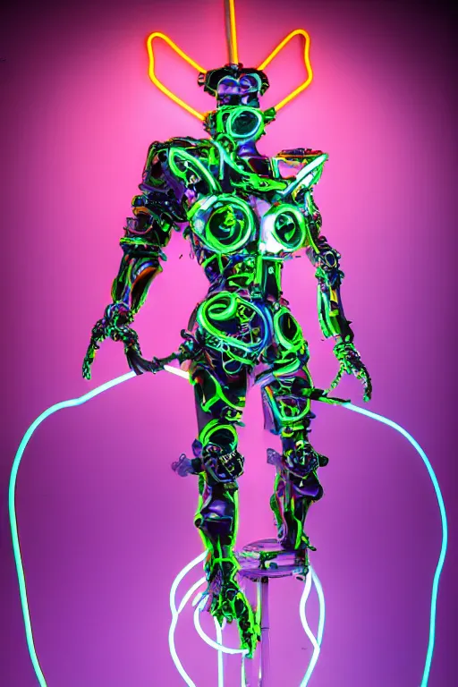 Image similar to full-body neon porcelain baroque cyberpunk style sculpture of a muscular handsome prince as a high-fashion half-robot wearing retro shades with a porcelain body, corrupted battery, leaking glowing neon radioactive liquid, electric sparks, glowing violet laser beam eyes, crown of giant crt monitors, flowing pink and orange neon-colored glitched silk, luminescent fabrics, mechanical raptors. baroque and steampunk elements. full-length view. baroque element. intricate artwork by caravaggio. Very very very very highly detailed epic photo of face. Trending on artstation, octane render, cinematic lighting from the right, hyper realism, octane render, 8k, depth of field, 3D