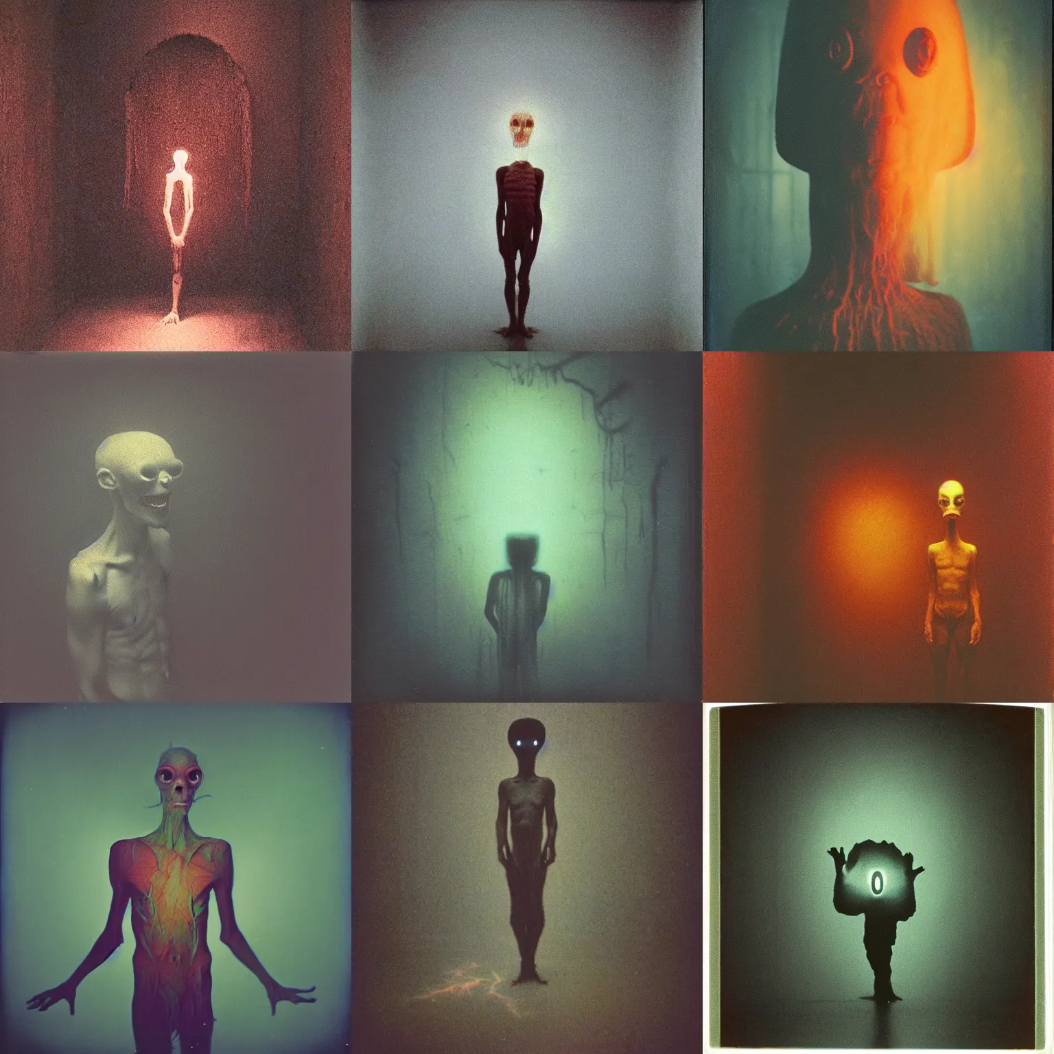 Prompt: glowing guy creature, weird silly thing with big eyes, prancing around in an empty room. goofy smile face, stupid idiot cryptid, spiritual eerie creepy picture, zdislaw beksinski, wiggly ethereal being, liminal space, studio lighting, polaroid, grainy photograph