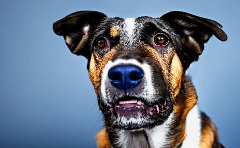 Image similar to studio photography portrait of a dog on dark blue background, rim light, beautiful lighting, 8 k