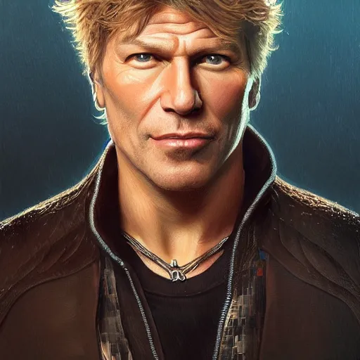 Image similar to john bon jovi portrait, intricate, highly detailed, digital painting, artstation, concept art, smooth, sharp focus, illustration, unreal engine 5, 8 k, art by artgerm and greg rutkowski and alphonse mucha