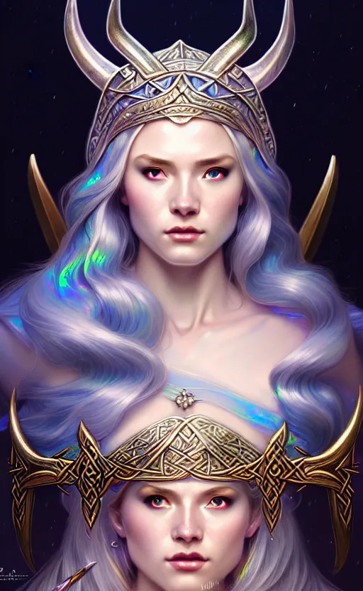 Prompt: iridescent opal viking warrior, regal, elegant, winter, snow, beautiful, stunning, hd, illustration, epic, d & d, fantasy, intricate, elegant, highly detailed, wide angle, digital painting, artstation, concept art, smooth, sharp focus, illustration, wallpaper, art by artgerm and greg rutkowski and alphonse mucha and jin xiaodi