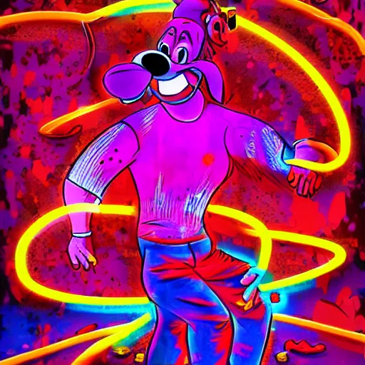 Image similar to goofy covered in blood in a dance rave, neon coloring, digital art, highly detailed