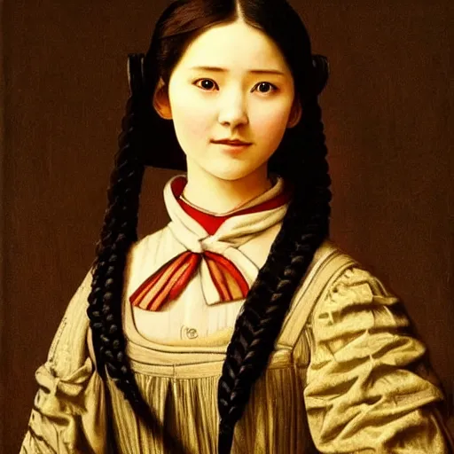 Prompt: a ((sadly)) (((smiling)))) black haired, young hungarian servantmaid from the 19th century who looks very similar to (((Lee Young Ae))) with a two french braids, detailed, soft focus, realistic oil painting by da Vinci