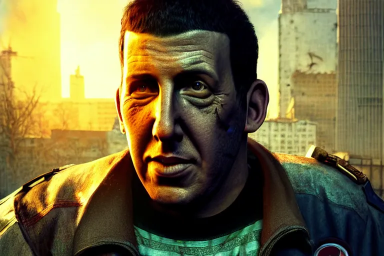 Image similar to fallout 5, adam sandler closeup, portrait, outdoors european cityscape, atmospheric lighting, painted, intricate, volumetric lighting, beautiful, daytime, winter, clear weather, mutated wildlife, sharp focus, deep colours, ultra detailed, art by william turner