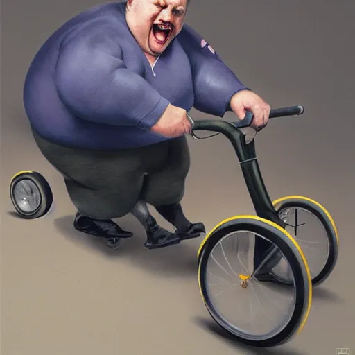 Image similar to hyper realistic absurd, silly, making faces, obese steve buscemi riding a tiny tricycle, painted by greg rutkowski, wlop, artgerm