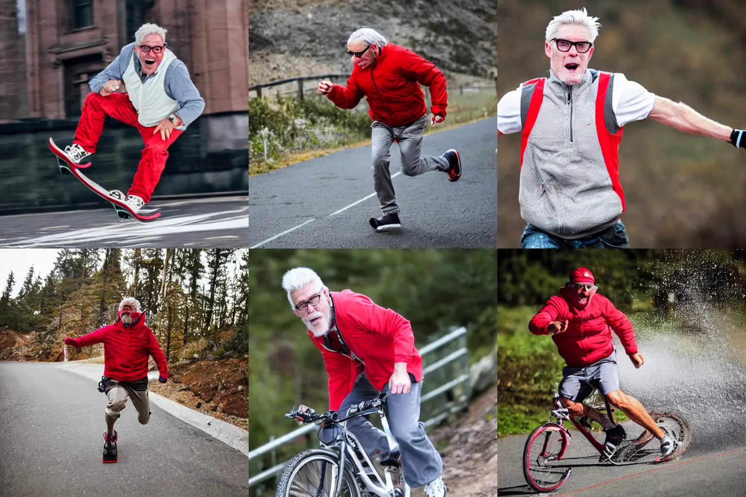 Prompt: photo of a 50-year-old white man, silver hair, neat baerd, wearing a red gilet, thick rimmed-glasses, action sports photography, fast shutter speed from ESPN