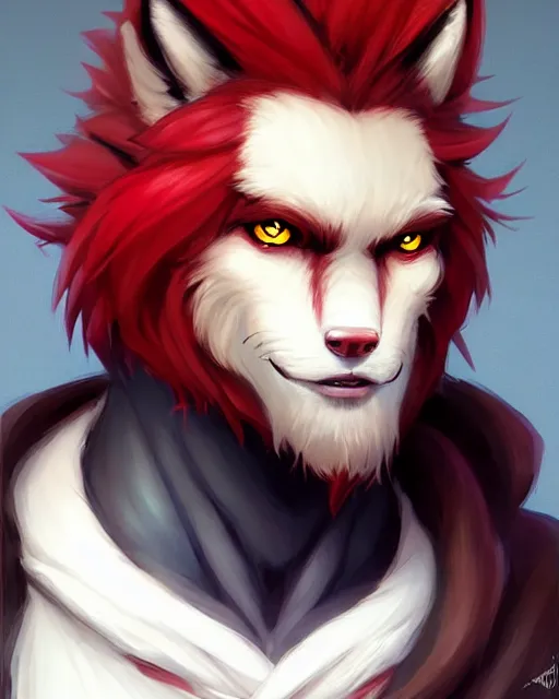 Image similar to character concept art of a black anthropomorphic male furry wolf long red hair | | cute - fine - face, pretty face, key visual, realistic shaded perfect face, fine details by stanley artgerm lau, wlop, rossdraws, james jean, andrei riabovitchev, marc simonetti, and sakimichan, trending on artstation