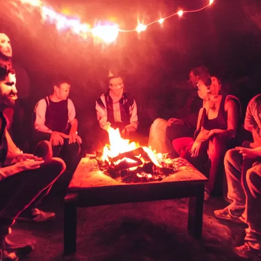 Image similar to 6 people sitting around a fire, singing. red neon lights tables nearby