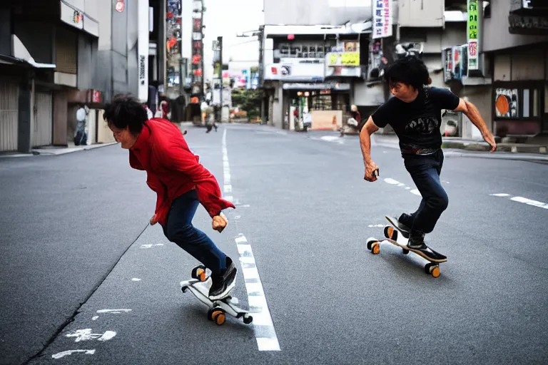 Image similar to conan is running towards freedom by skateboarding on the streets of beikacho, tokyo, japan, by aoyama gangchang.