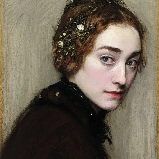Image similar to a true-to-life portrait of Saoirse Ronan painted by John Everett Millais, real-life accurate, photoshoot