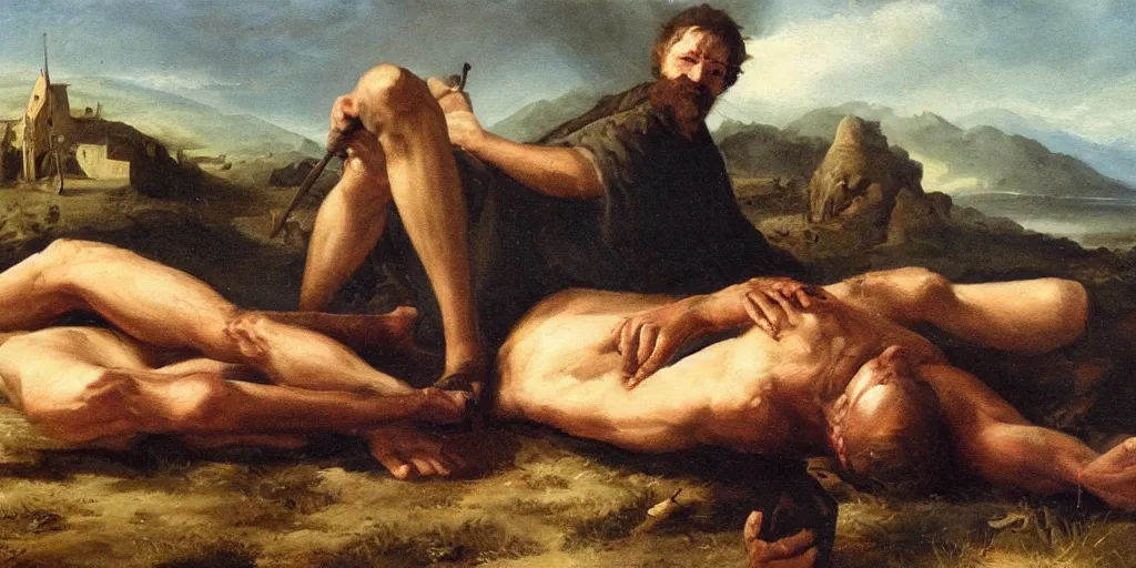 Image similar to high quality high detail painting, david next to giant goliath dead body on the floor