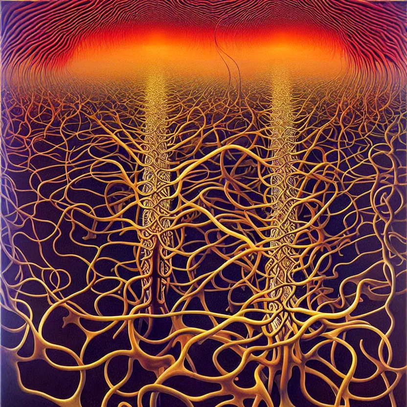 Image similar to infinite fractals of neuron cells, surreal, by salvador dali and mc escher and alex grey and zdzisław beksinski, oil on canvas, hd, dreams, intricate details, warm colors