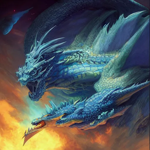 Prompt: Gigantic blue scaled dragon devouring an earth like planet while flying in space, sun system, behemoth, European dragon, nebula, oil painting, by Fernanda Suarez and Edgar Maxence and Greg Rutkowski
