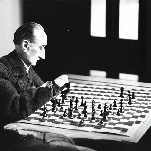 Image similar to a long exposure shot of Marcel Duchamp working on a chess readymade object, archival pigment print