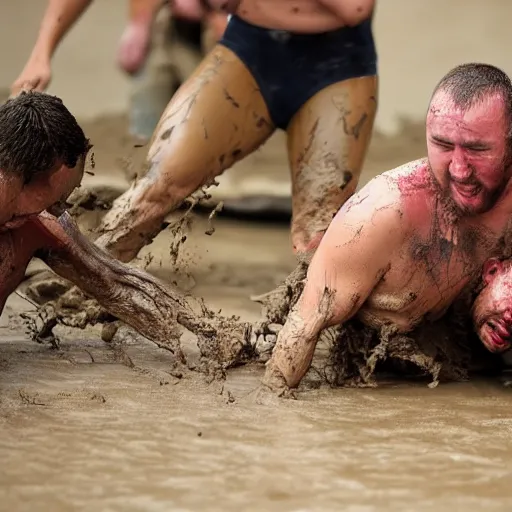 Prompt: 3 drunks fall over mud - wrestling