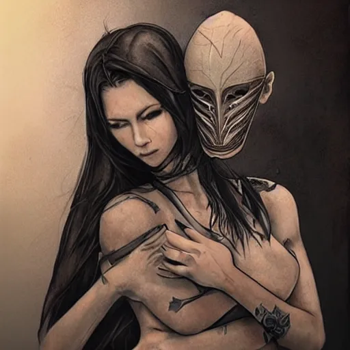 Prompt: Hot young woman, grey skin, tattoos, wearing leather and **platonically cuddling** a humanoid in a shroud and mask concept art