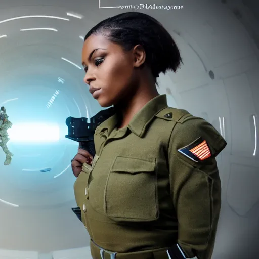 Image similar to a futuristic female soldier with brown skin and short hair in a spaceship