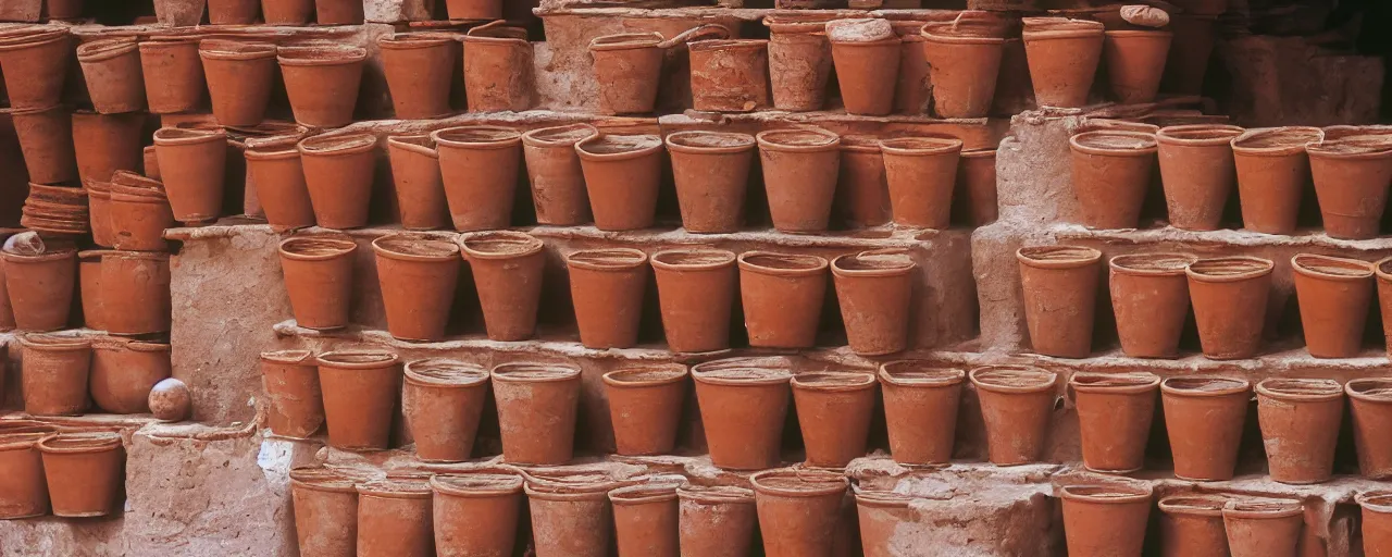 Image similar to spaghetti being stored in ancient terra cotta pots, middle east, fine detail, canon 5 0 mm, in the style wes anderson, kodachrome, retro
