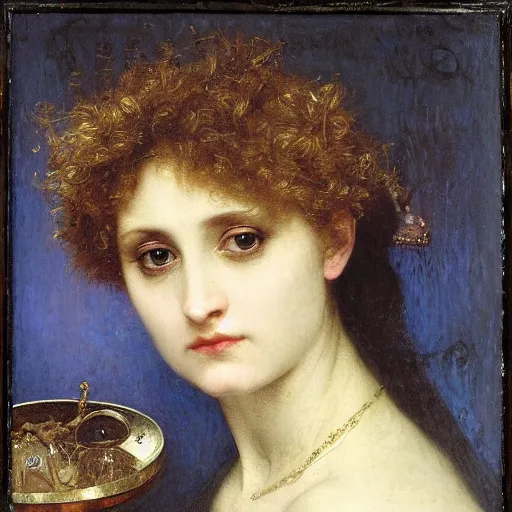 Prompt: a renaissance oil painting close shot face portrait by alma tadema of a demon vampire beautiful woman wearing sapphire jewellery, colourful pastel, detailed academic bouguereau, sharp focus, high contrast studio lighting