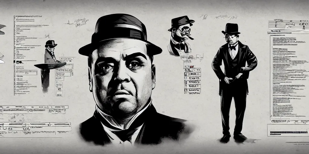 Prompt: al capone, character sheet, concept design, contrast, kim jung gi, greg rutkowski, zabrocki, karlkka, jayison devadas, trending on artstation, 8 k, ultra wide angle, pincushion lens effect