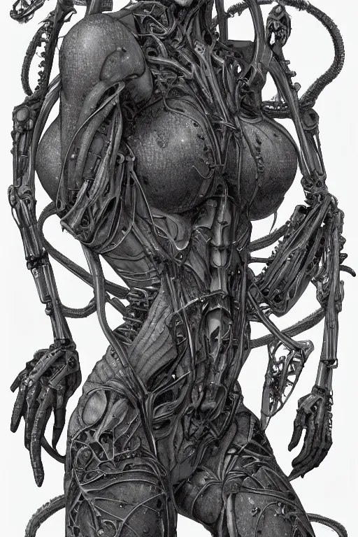 Image similar to cyborg mermaid with gunmetal grey skin, medical anatomy, very symmetrical face, highly detailed, mecha, three - perspective / three - view reference sheet ( front / back / side ), in the style of james gurney, dan ouellette, hr giger, sil from species, dren from splice, biomechanical, artstation, unreal engine