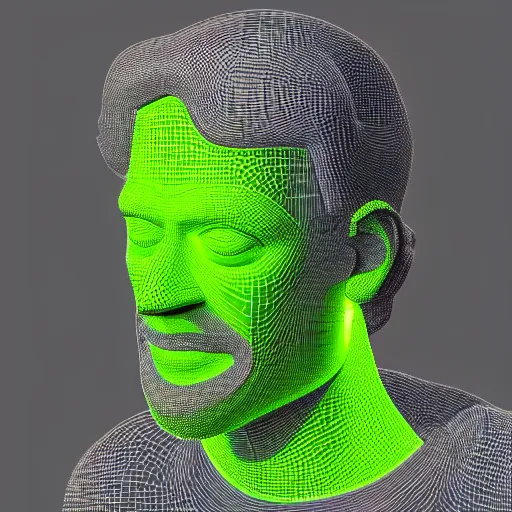 Image similar to a 3 d render of the head of david statue wearing a neon ring around the head, in the style of michelangelo