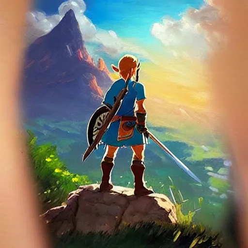 Image similar to oil painting of zelda breath of the wild, mountain in the background. beautiful, rpg, dnd, artgerm, disney, pixar