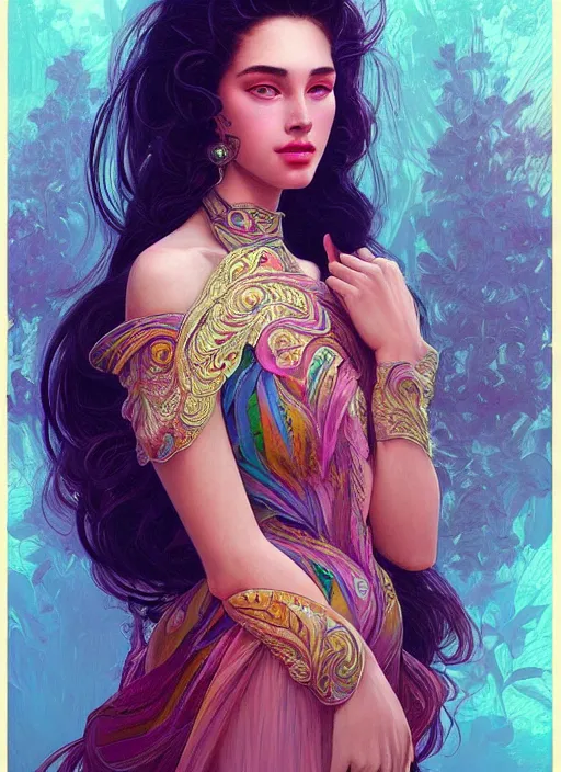 Prompt: beautiful young woman, extremely detailed gorgeous face, sad eyes, tears, sexy body and face, vaporwave aesthetic, synthwave, long luxurious gown, colorful, psychedelic, intricate, elegant, highly detailed, digital painting, artstation, concept art, smooth, sharp focus, illustration, art by artgerm and greg rutkowski and alphonse mucha