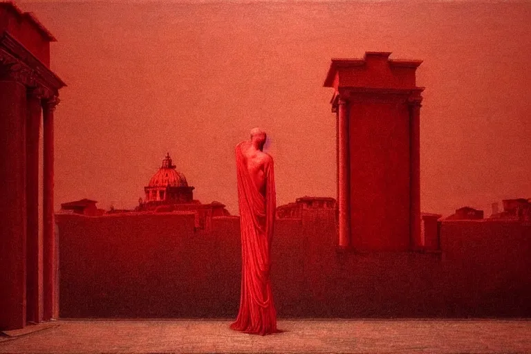 Image similar to only with red, caesar after war, the deal, a red tiger, in hoc signo vinces, rome in background, an ancient path, in the style of beksinski, part by hopper, part by rodcenko, part by hofbauer, intricate composition, red by caravaggio, insanely quality, highly detailed, masterpiece, red light, artstation