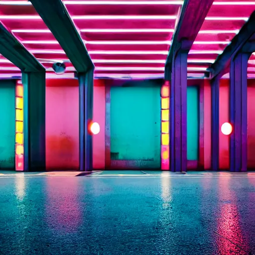 Prompt: retrofuturistic street scene with a row of large polished concrete platforms leading from near to far, focus on pink and blue colours, steam from ground