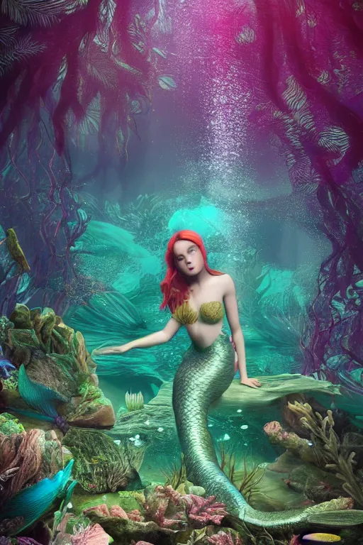 Image similar to intricate color photo of mermaid in a underwater fantasy forest of tall trees 8 k octane beautifully detailed render