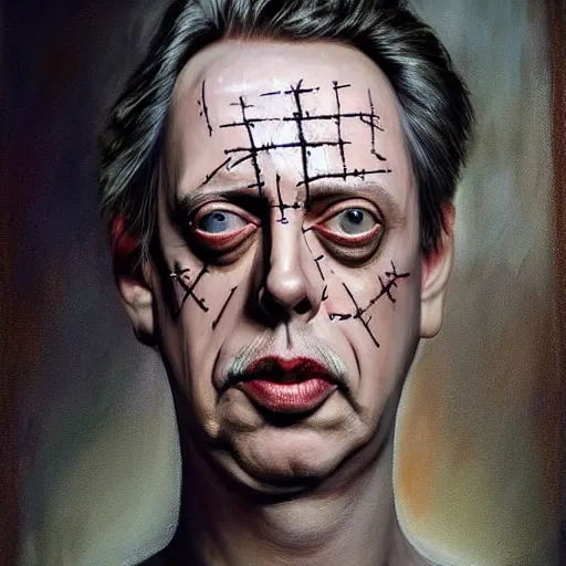 Image similar to hyperrealistic mixed media high resolution painting of Steve Buscemi !Hellraiser!, stunning 3d render inspired art by Jamie Salmon and István Sándorfi and Greg Rutkowski, perfect facial symmetry, dim volumetric lighting, 8k octane beautifully detailed render, full body shot, post-processing, extremely hyper-detailed, intricate, epic composition, highly detailed attributes, highly detailed atmosphere, cinematic lighting, masterpiece, trending on artstation, very very detailed, masterpiece, stunning, flawless completion, lifelike texture, perfection,