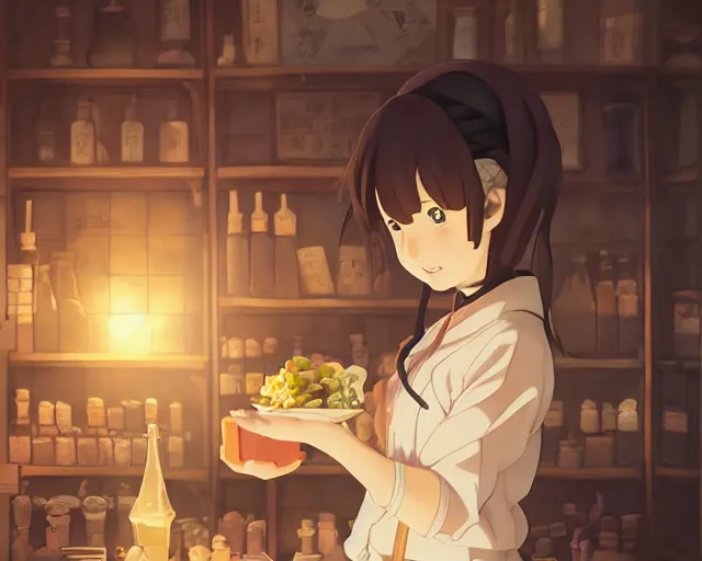 Image similar to anime visual, portrait of a young female traveler in a alchemist's shop interior, cute face by yoh yoshinari, katsura masakazu, studio lighting, dynamic pose, dynamic perspective, strong silhouette, anime cels, ilya kuvshinov, cel shaded, crisp and sharp, rounded eyes, moody