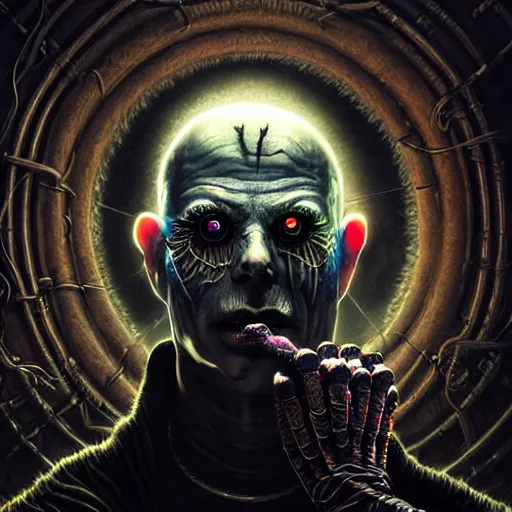 Prompt: uhd photorealistic dark scifi illustration of klaus schwab, reading necronomicon, wearing bizarre voodoo makeup. cinematic lighting, intricate makeup, swirling ghosts, in the style of akira toriyama, beksisnski, amano and karol bak, evil, fantasy, hyperdetailed.