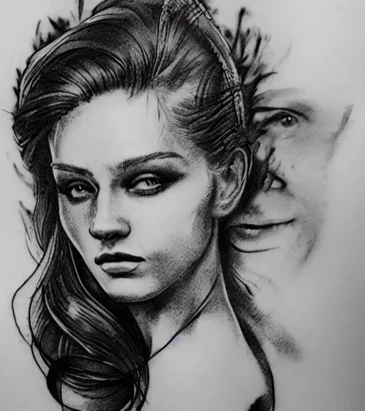 Image similar to tattoo design sketch of the most beautiful woman portrait with a background of beautiful mountains on her side, hyper - realistic, double exposure effect, in the style of den yakovlev, amazing detail, black and white, faded