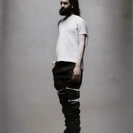 Image similar to a full body lookbook portrait of modern - day jesus wearing virgil abloh off - white menswear and sneaker collection by nicola samori, detailed, realistic oil painting, hyper - realistic, 8 k, off - white collection