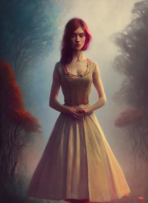 Image similar to alice wonderland detailed dress, half body shot, arms down, path traced, highly detailed, high quality, digital painting, alena aenami, arnold bocklin, tom bagshaw