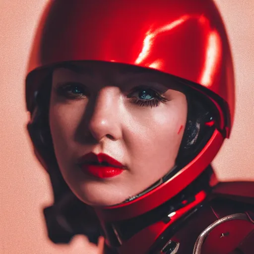 Image similar to headshot of an beautiful female soldier in glossy sleek primarily white armor with tiny red details and a long red cape, upward angle, determined expression, no helmet, on the surface of mars, night time, cinematic, sci-fi, hyperrealistic