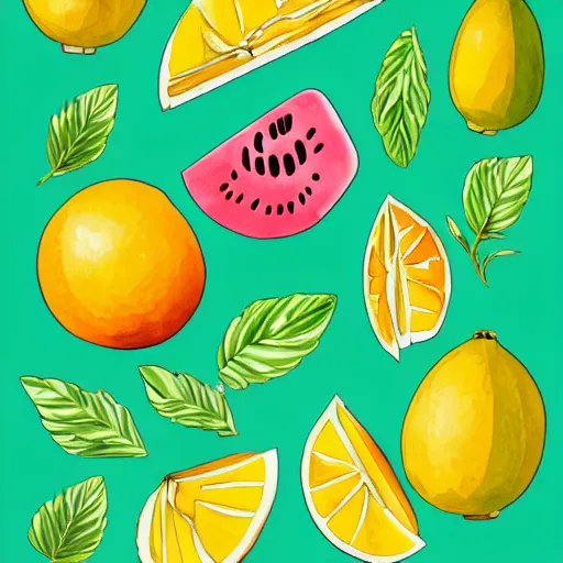 Image similar to retro, hd illustration of watermelons and lemons, mint leaves, inspired by watercolor masterpieces, trending on behance, 4 k