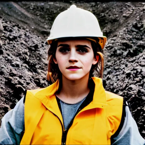 Image similar to photo, close up, emma watson in a hi vis vest, inside coal mine, portrait, kodak gold 2 0 0,