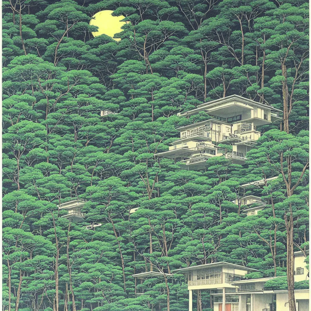 Prompt: painting by Hasui Kawase, atmospheric cozy futuristic organic white concrete house in the middle of a lush and dense forest at night, a beautiful lake next to it, night time, night sky, starry night sky, by Hasui Kawase