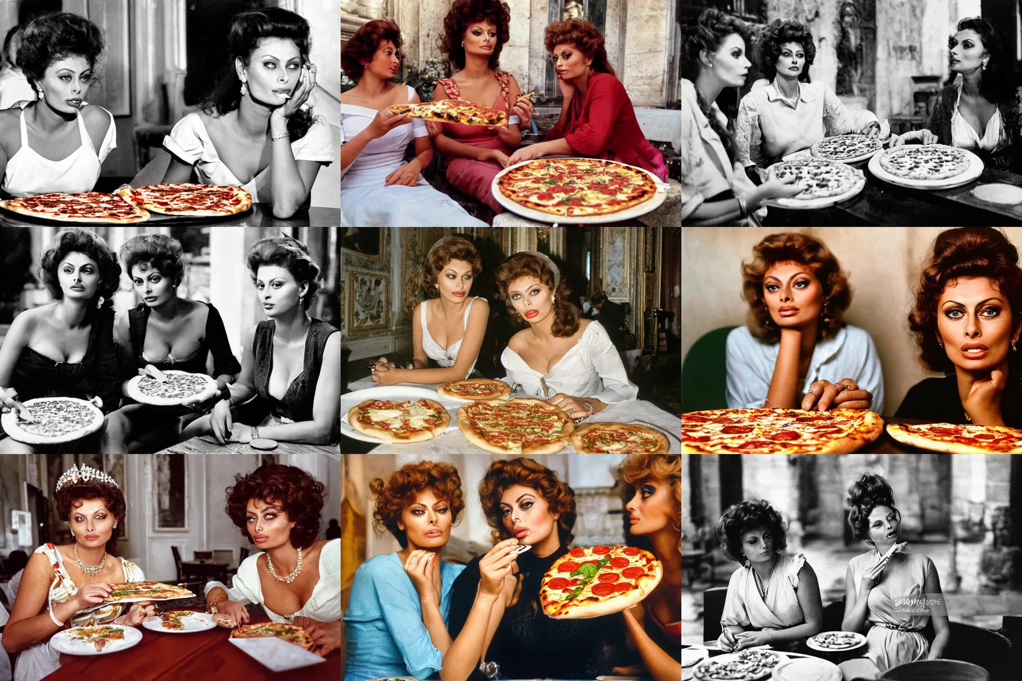 Prompt: a highly detailed photo of two young beautiful women sitting at a long take sharing a pizza margherita, queen margherita of savoy, sophia loren, right angled view, smooth lighting, masterpiece, timeless, genious composition