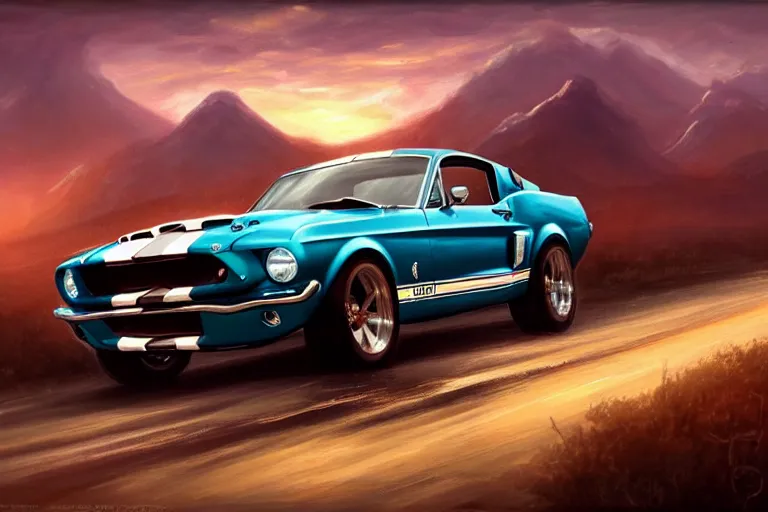 Prompt: a 1 9 6 7 shelby gt 5 0 0 driving down a long country road, coriolios rpg art style, full of details, warm sunset colors, matte painting, artstation, 8 k, hyperrealistic, style of peter mohrbacher, album cover, extreme long shot, mountains, panoramic, wide shot