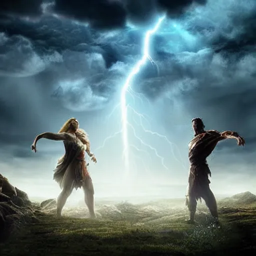 Image similar to a very weak nerd person destroys a God, godrays, epic fights, dramatic poses and scenery, Two people fighting each other, thunderstorm, rtx on, cinematic, movies you do not want to miss, a powerful being losing to a weakling, amazing effects, 4k UHD, Award winning photograph, extremely highly detailed majestic hi-res beautiful, stunning visuals