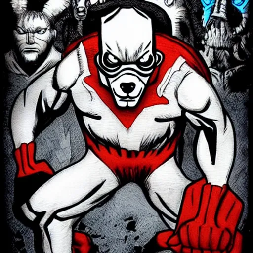 Image similar to dogman, dog head, superhero body, evil, rob liefeld