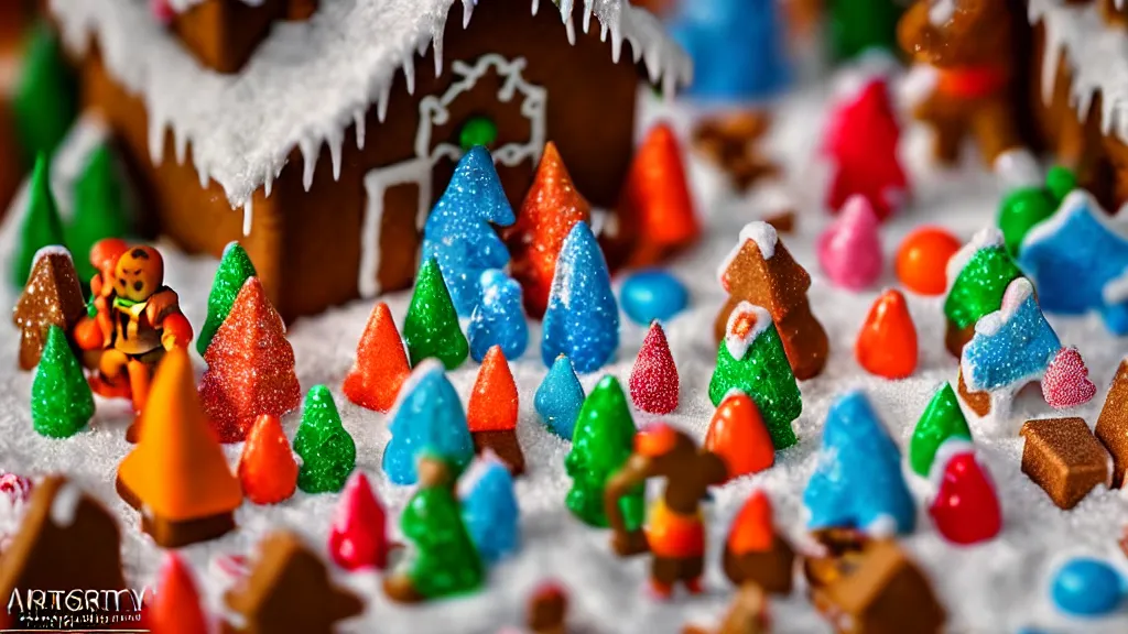 Prompt: closeup of miniature gingerbread candy village, colorful, fantasy, fairytale, forest, halloween, snow, bokeh, depth of field 1 0 0 mm, cinematic scene, studio quality, unreal engine, octane render, trending on artstation, artgerm, cgsociety