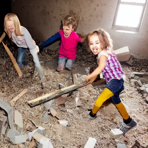 Prompt: crazy children destroying a basement, photograph, high quality