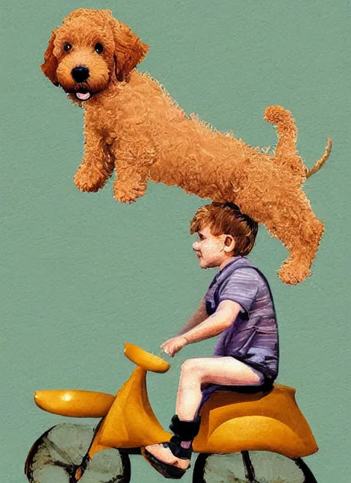 Image similar to digital art, golden doodle puppy, riding a pelaton, cute, artistic