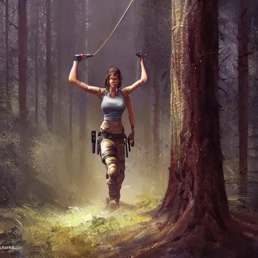 Image similar to detailed photo of lara croft being arrested in a forest, 8 k, by greg rutkowski, artgerm,