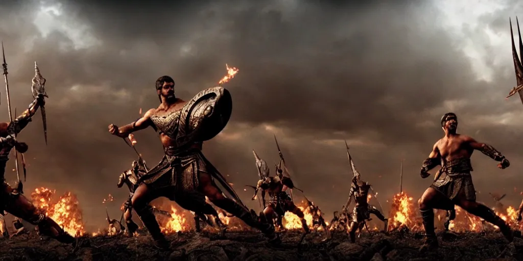 Image similar to epic battle screen of hero, film still from the movie'3 0 0'( 2 0 0 6 ), 3 d, 8 k realistic, cryengine, playstion 5 screen, cinematic lighting